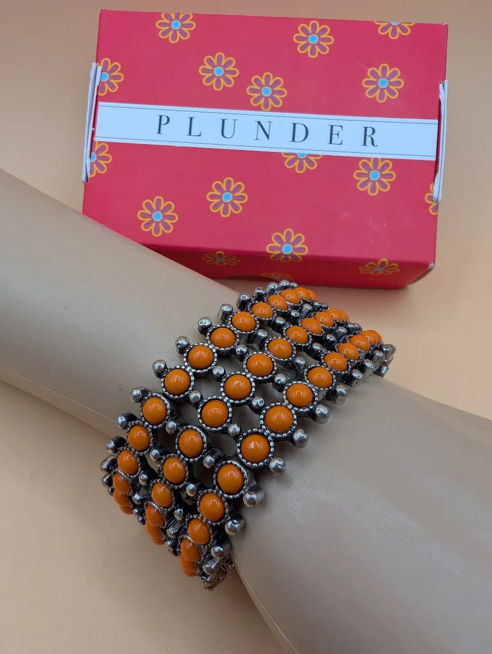 Plunder Rosie Kay Orange Silvertone Beaded Stretch Bracelet New In Box
